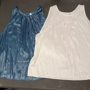 Lot 2 MNG Silky Flowy Tank Tops Shells Sleeveless Blouses Green Ivory Size LARGE